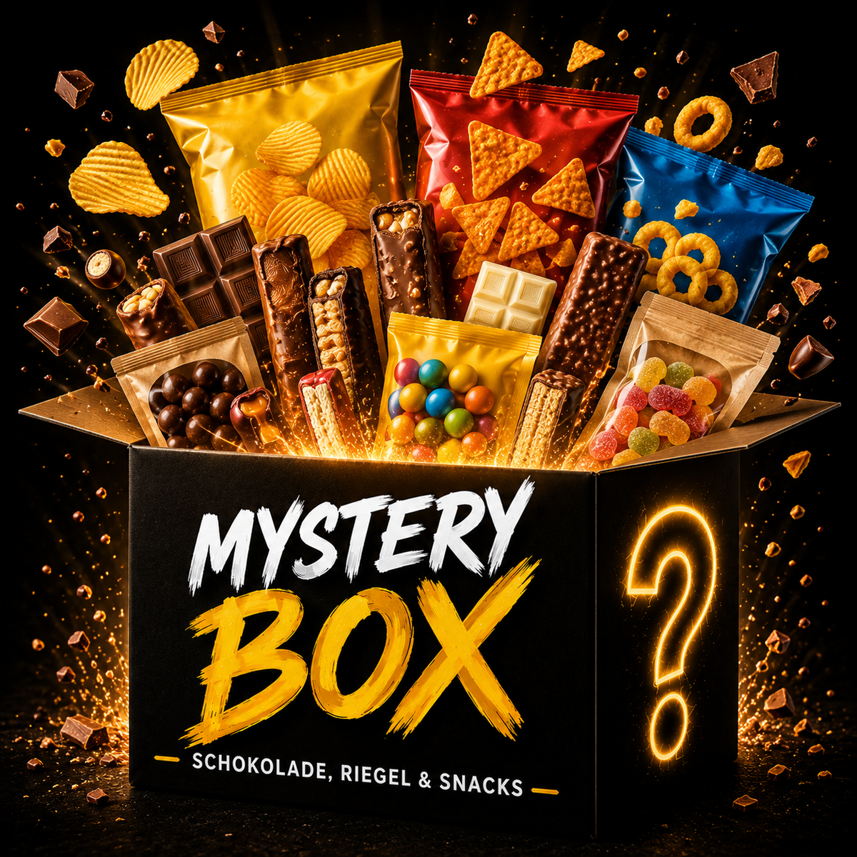 Mystery Box: Überraschungspaket mit Schokolade, Riegeln & Snacks